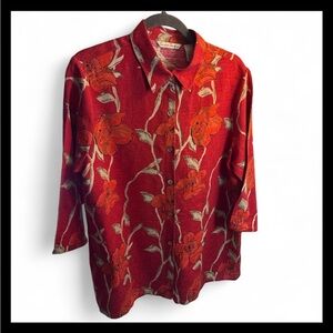 French Laundry Silk Blend Red Floral Beaded Button Up Shirt